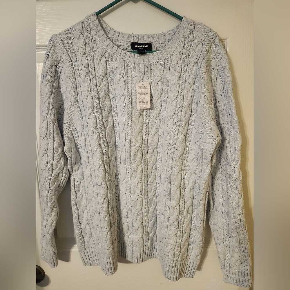 Lands' End Women's Cotton Drifter Cable Crew Neck Sweater Light Blue Size XL NWT - Picture 1 of 7